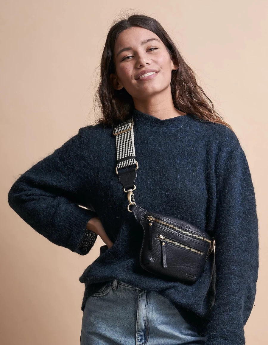 O My Bag Women's Black Stromboli Leather Bum Bag with Checkered Webbing Strap