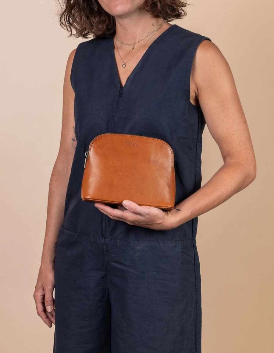 O My Bag Women's Cognac Classic Leather Cosmetic Bag for Travel & Makeup Organizer
