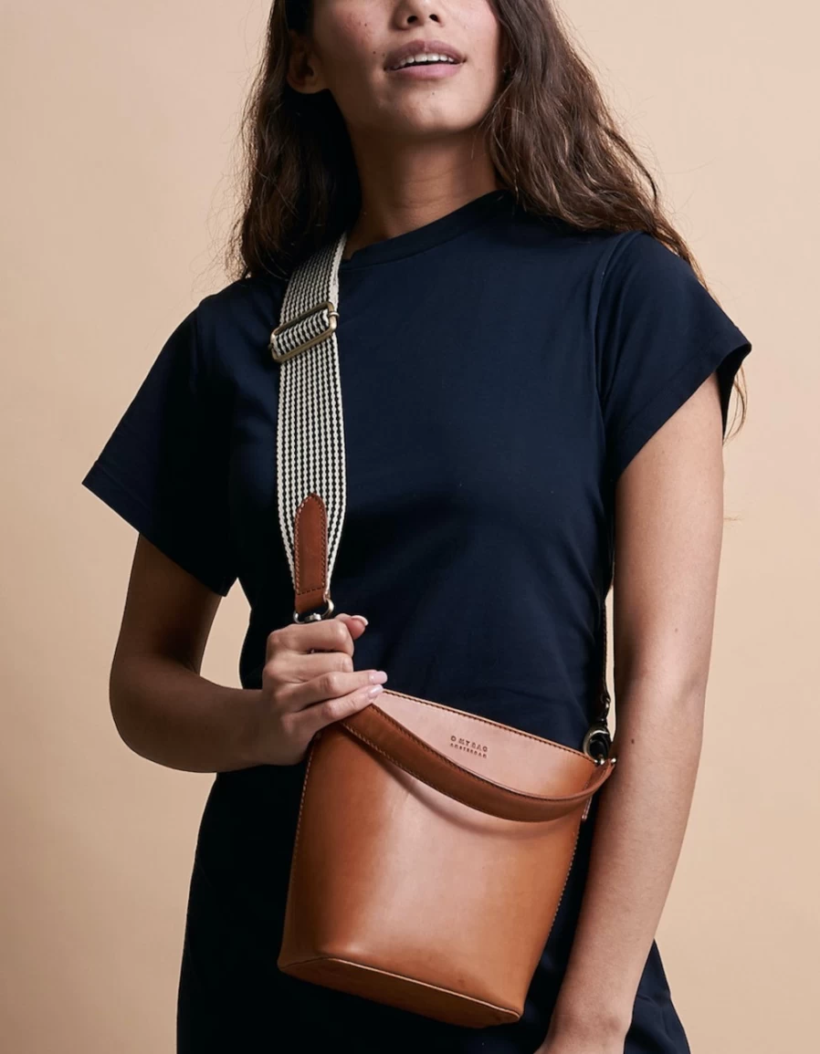 O My Bag Women's Cognac Checkered Webbing Strap - Stylish & Durable Fashion Accessory