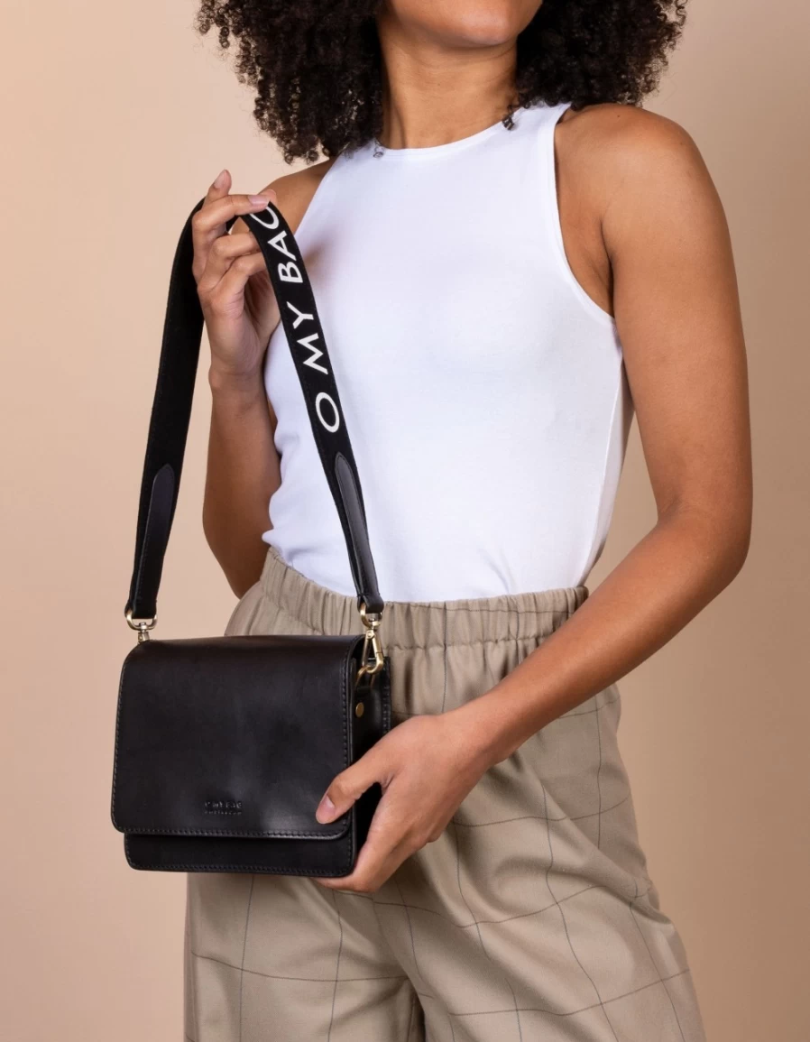 "O My Bag Women's Black & Black Classic Leather Short Canvas Logo Strap"
