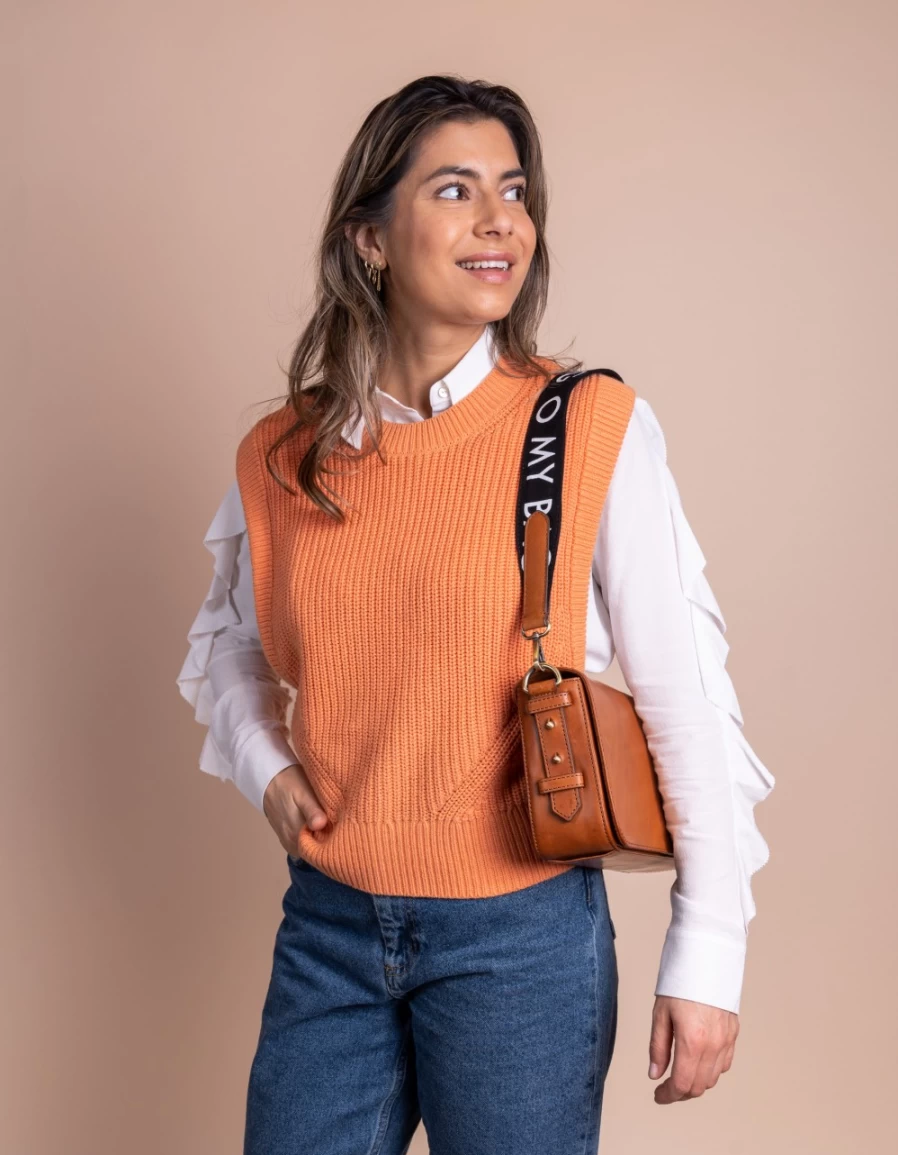 "O My Bag Women's Black & Cognac Classic Leather Short Canvas Logo Strap"