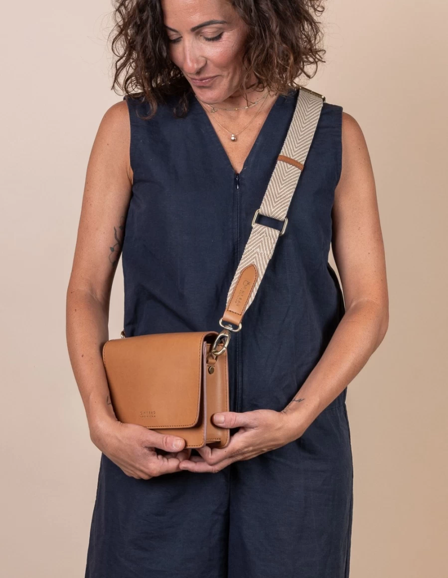 "O My Bag Women's Herringbone Webbing Strap in Sand & Cognac Apple Leather"