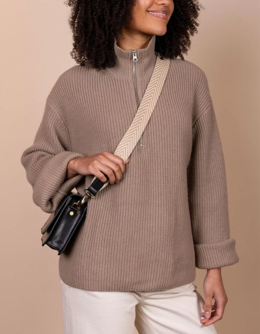 O My Bag Women's Sand & Black Classic Leather Herringbone Webbing Strap