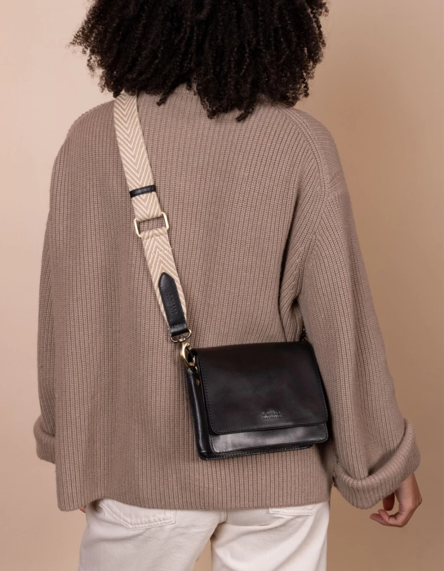 O My Bag Women's Sand & Black Classic Leather Herringbone Webbing Strap