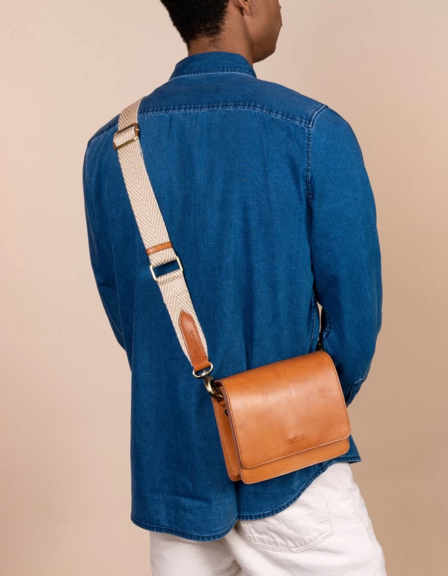 O My Bag Women's Sand & Cognac Classic Leather Herringbone Webbing Strap