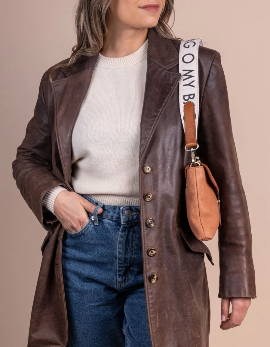 O My Bag Women's White & Cognac Classic Leather Short Canvas Logo Strap
