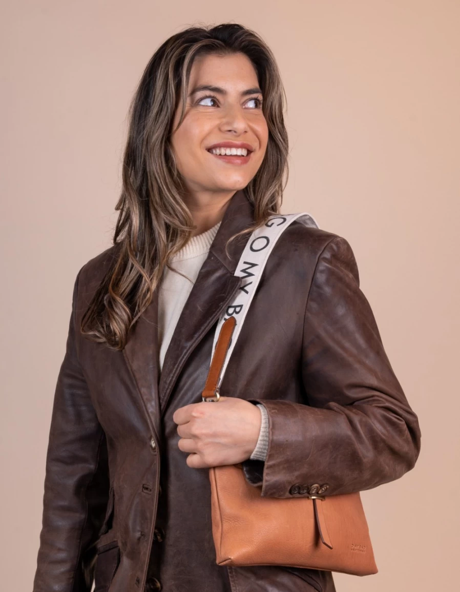 O My Bag Women's White & Cognac Classic Leather Short Canvas Logo Strap