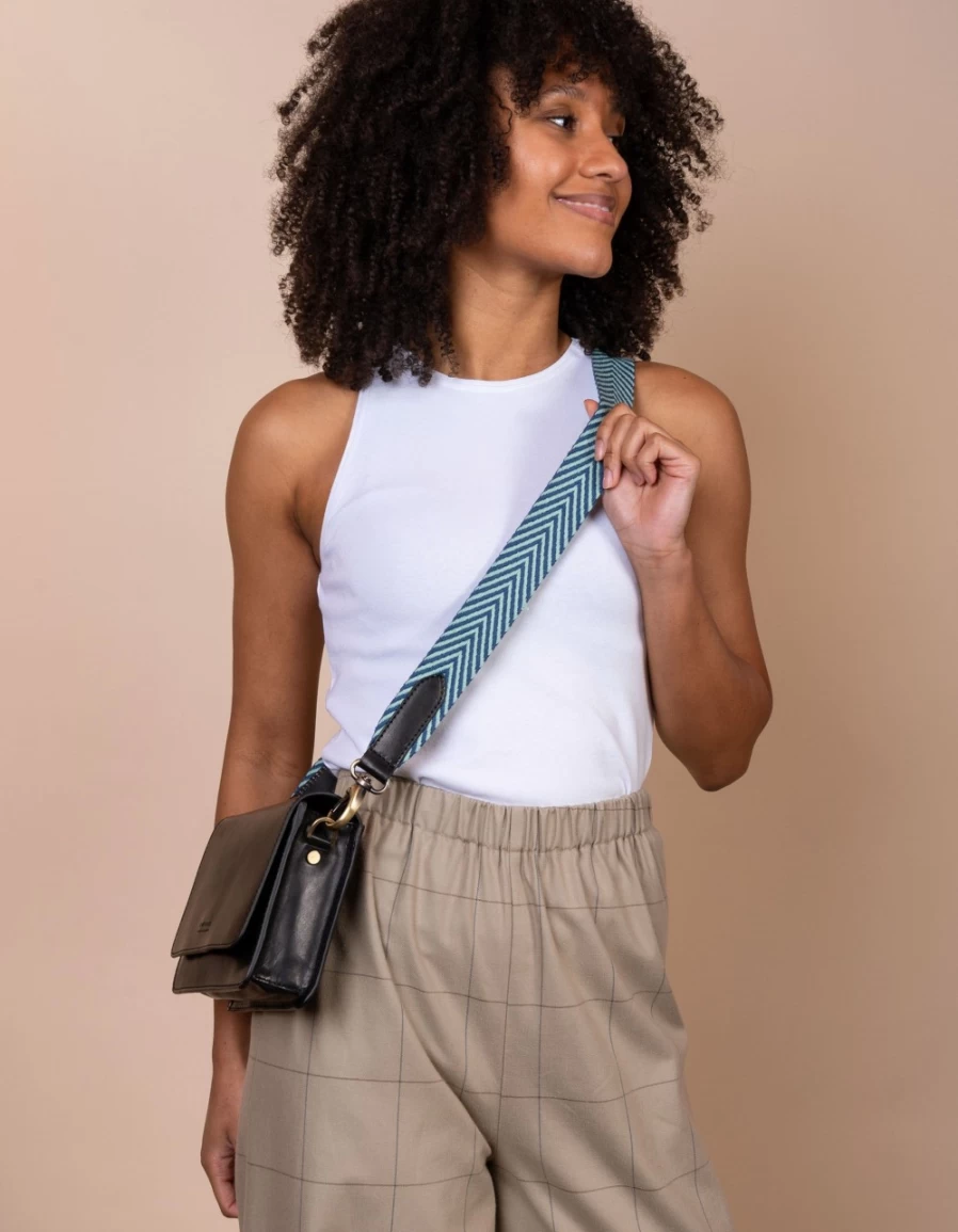 O My Bag Women's Jade & Black Classic Leather Herringbone Webbing Strap Handbag