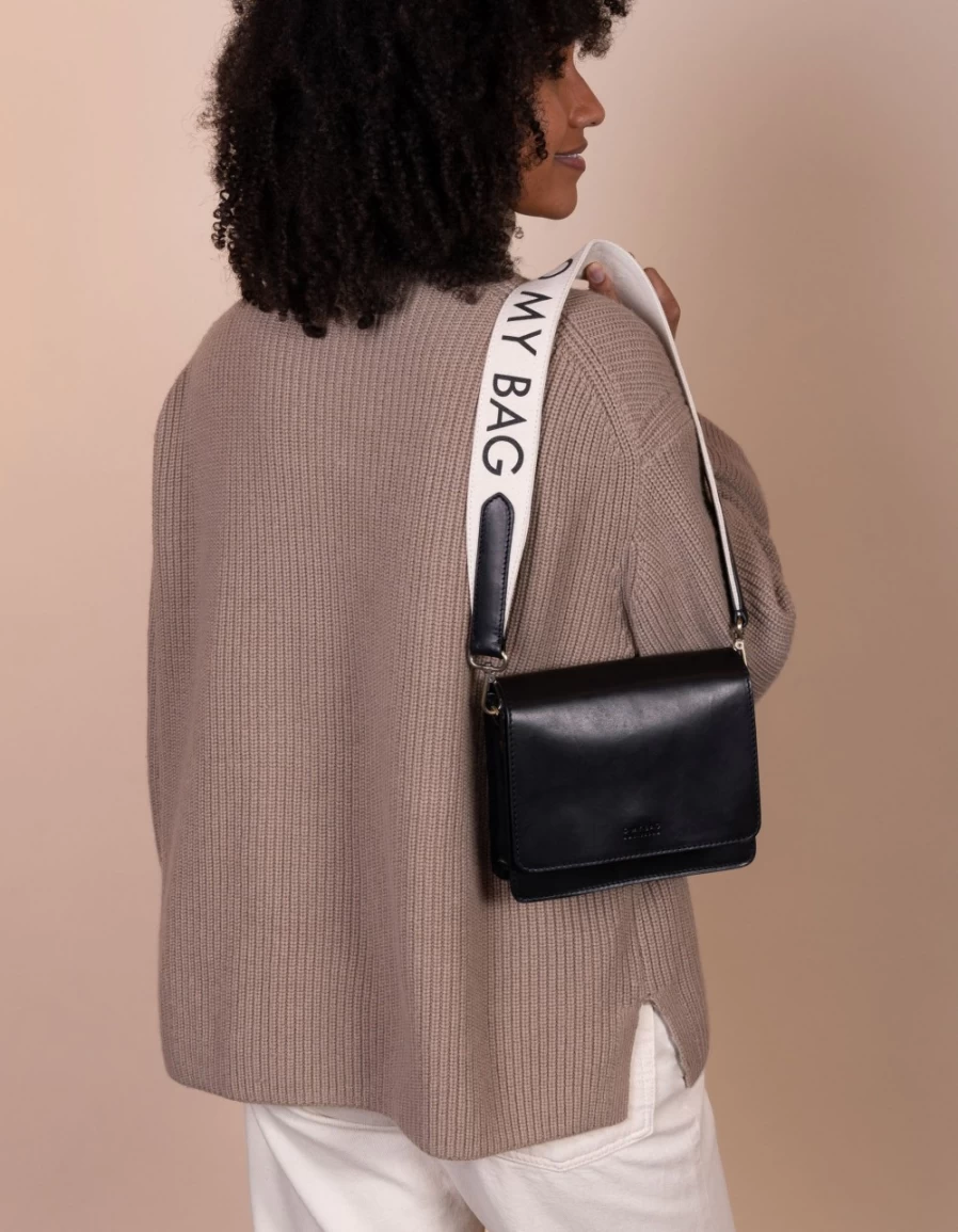 O My Bag Women's White & Black Classic Leather Short Canvas Logo Strap