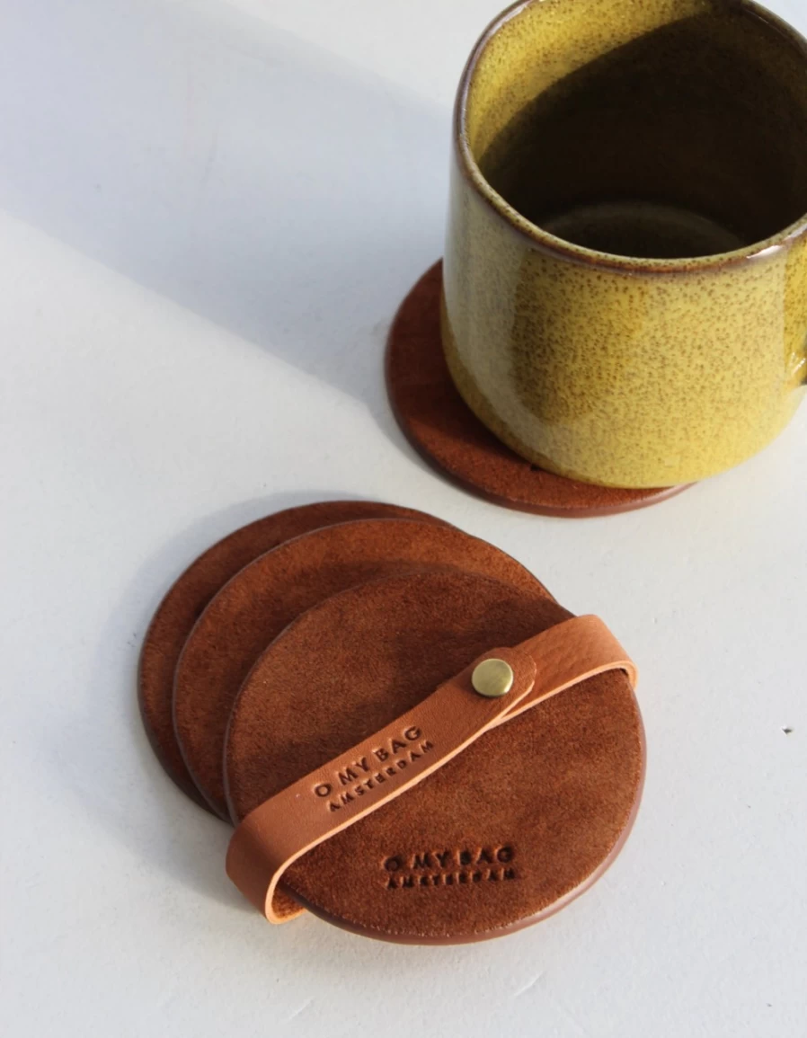 "O My Bag Wild Oak Soft Grain Leather Coasters for Women – Premium Handmade Leather Drink Coasters Set"